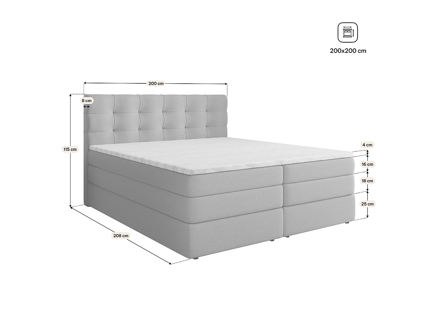 Lit boxspring AREZI 200x200 cm avec tête de lit, sommier, matelas à ressorts Bonnell et matelas à ressorts ensachés, Rose poudré