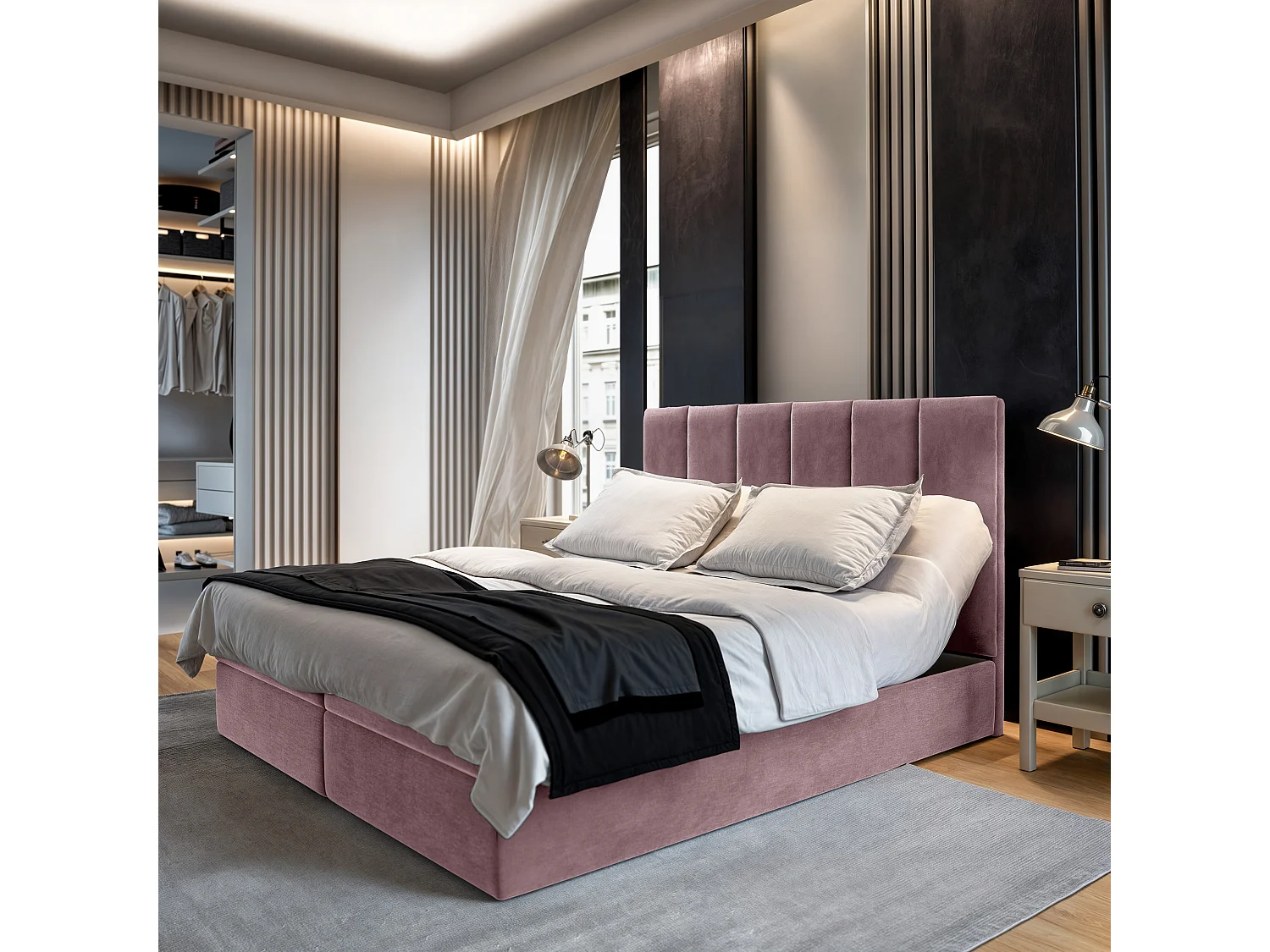 Lit boxspring BARINO 200x200 cm avec tête de lit, sommier et matelas, Rose poudré