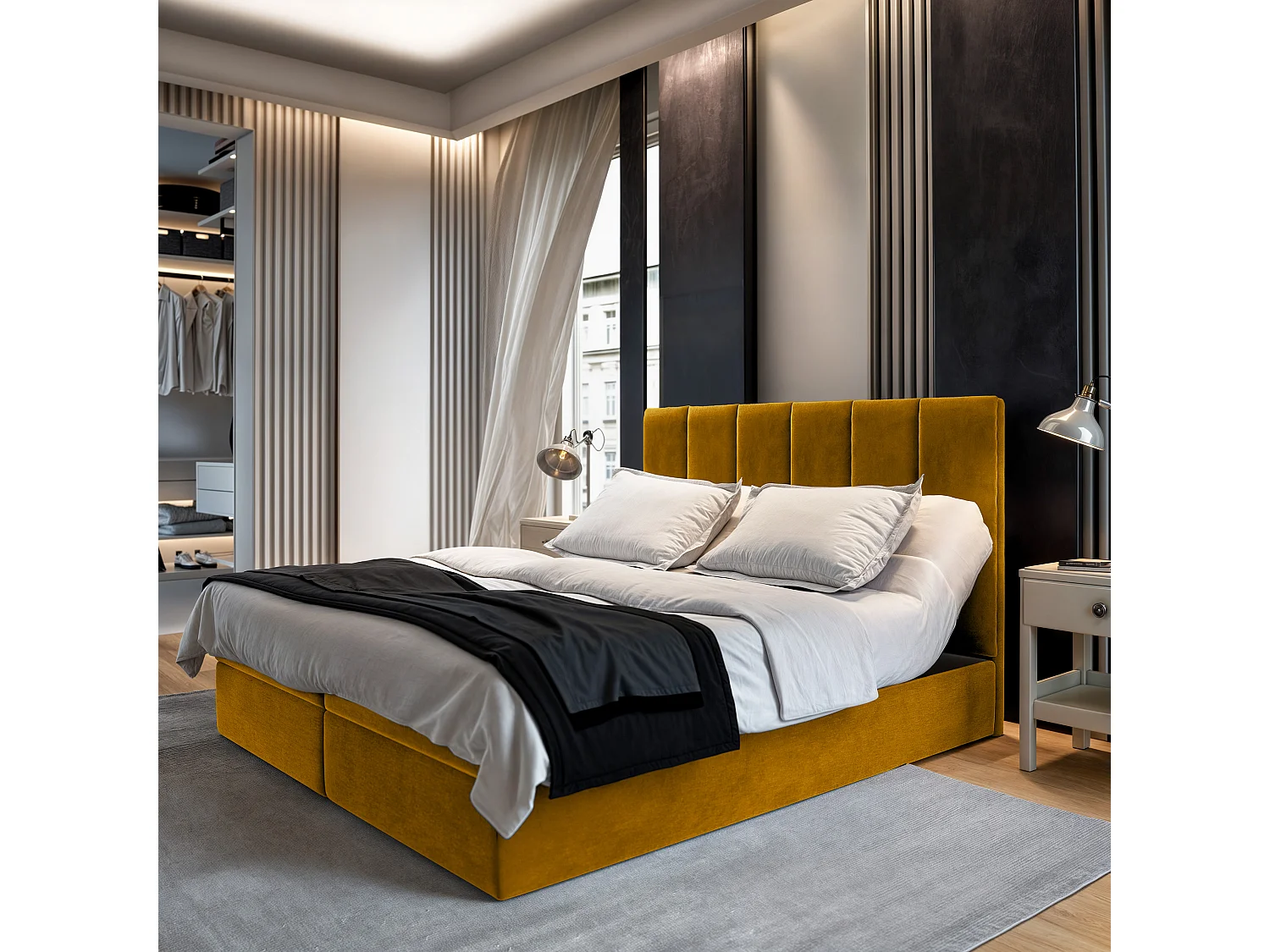 Lit boxspring BARINO 200x200 cm avec tête de lit, sommier et matelas, Jaune