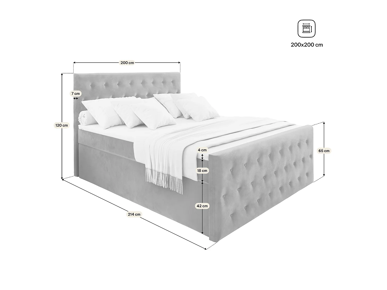 Lit boxspring FONDI 200x200 cm avec tête de lit, sommier et matelas, Beige
