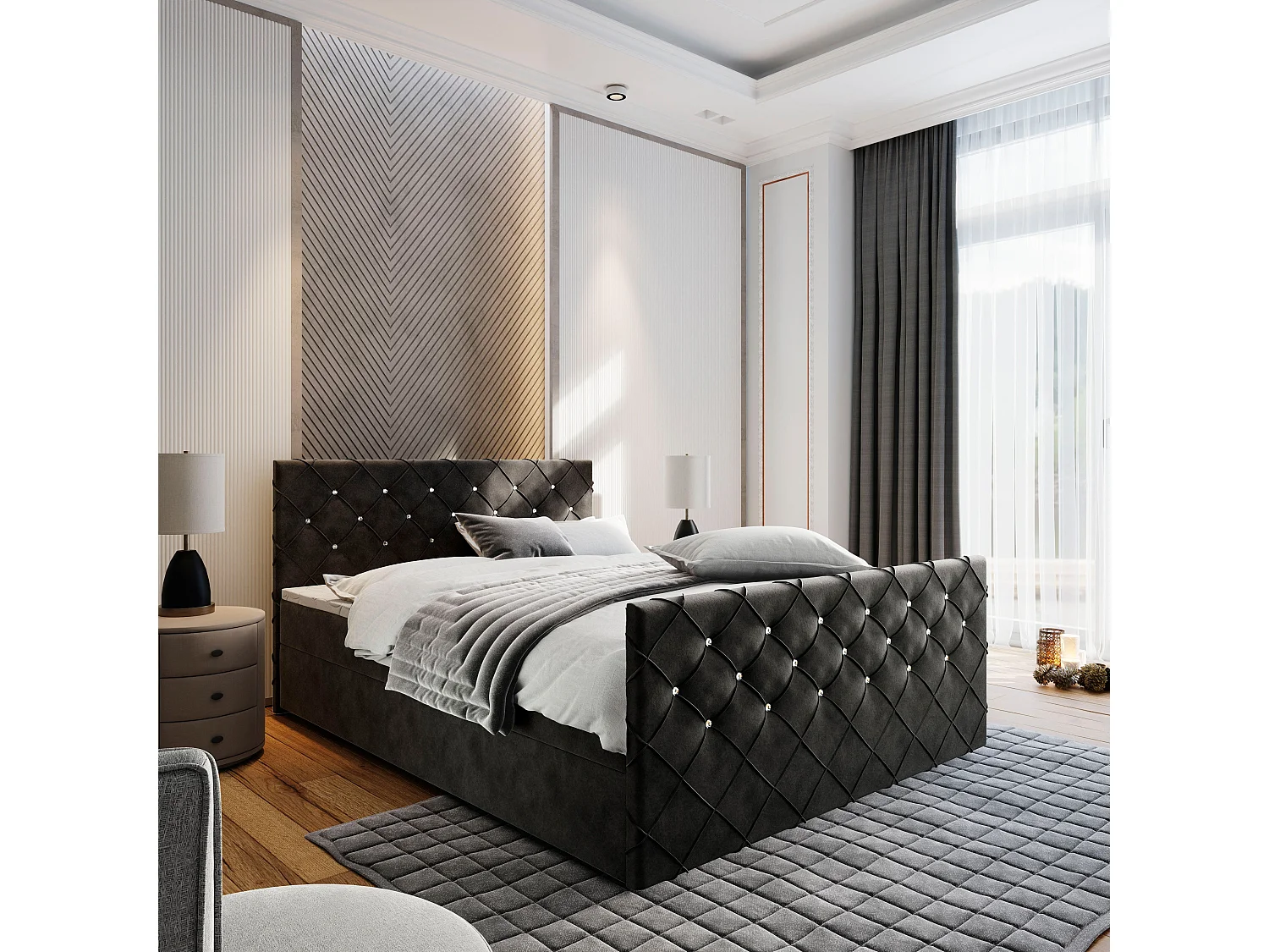 Boxspringbed MANDI 200x200 cm Set met hoofdbord, bedbodem en matras, Zwart