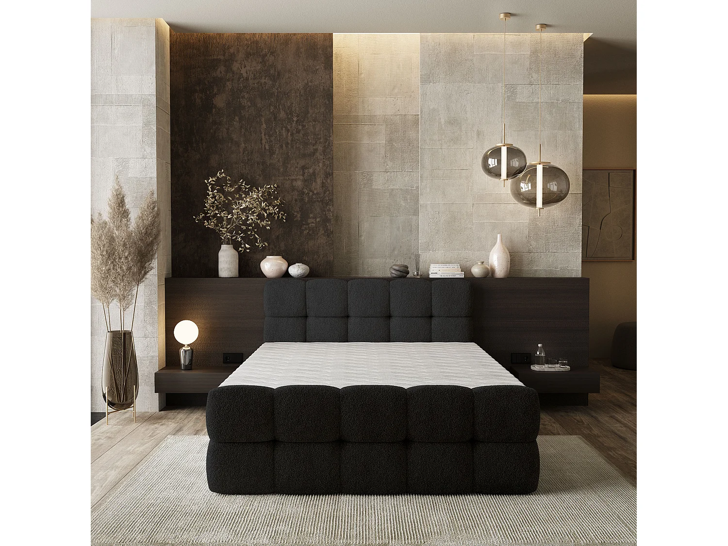 Boxspringbed BRUME 200x200 cm Set met hoofdbord, bedbodem en matras, Zwart