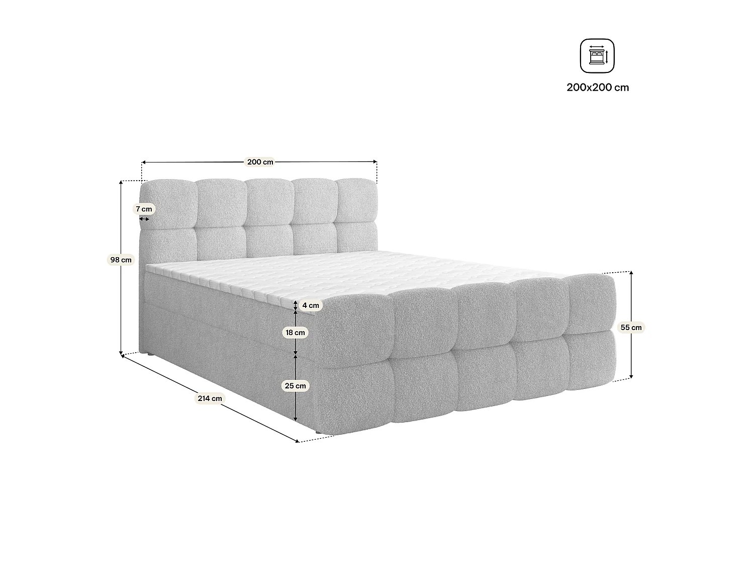 Boxspringbed BRUME 200x200 cm Set met hoofdbord, bedbodem en matras, Zwart