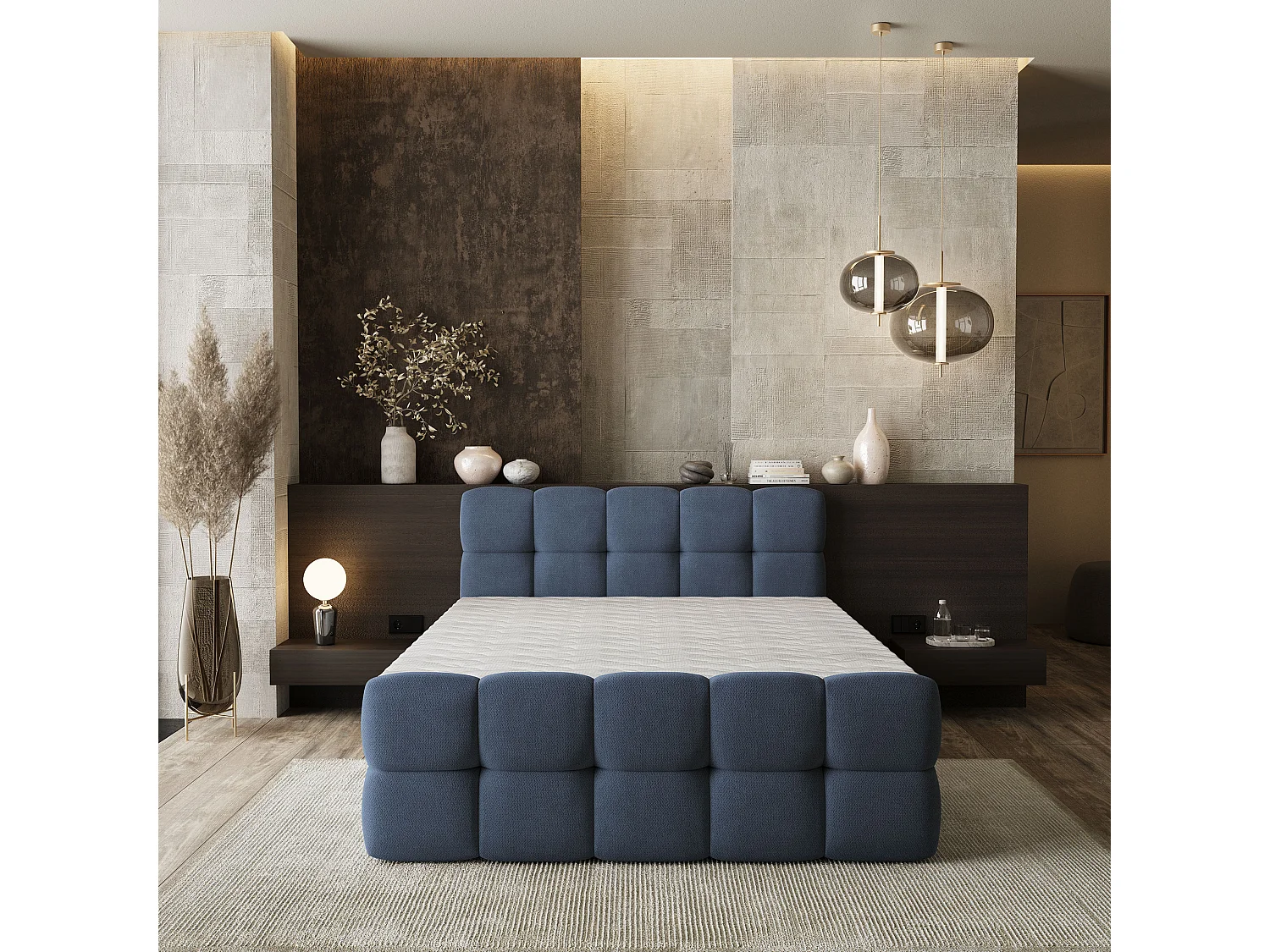 Boxspringbed BRUME 200x200 cm Set met hoofdbord, bedbodem en matras, Blauw