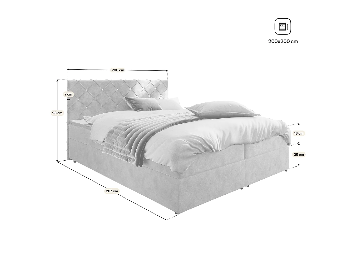 Boxspringbed RIVA 200x200 cm Set met hoofdbord, bedbodem en matras, Zwart