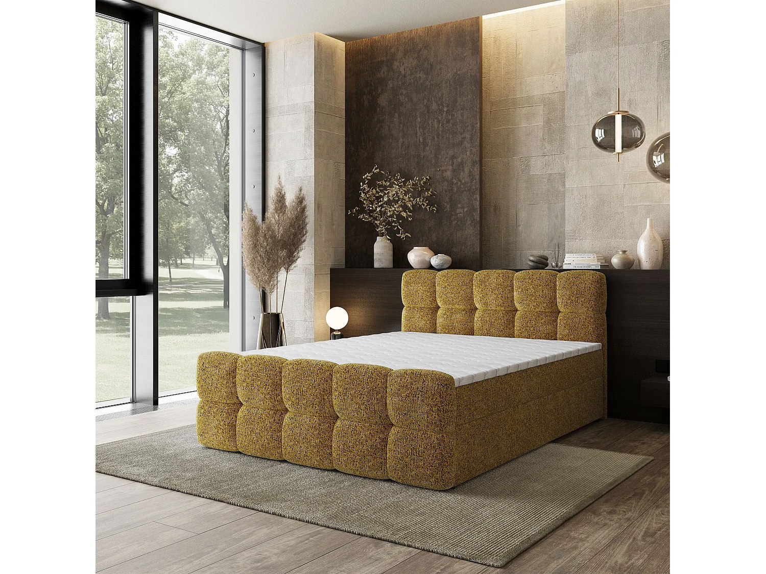 Lit boxspring BRUME 140x200 cm avec tête de lit, sommier et matelas, Moutarde