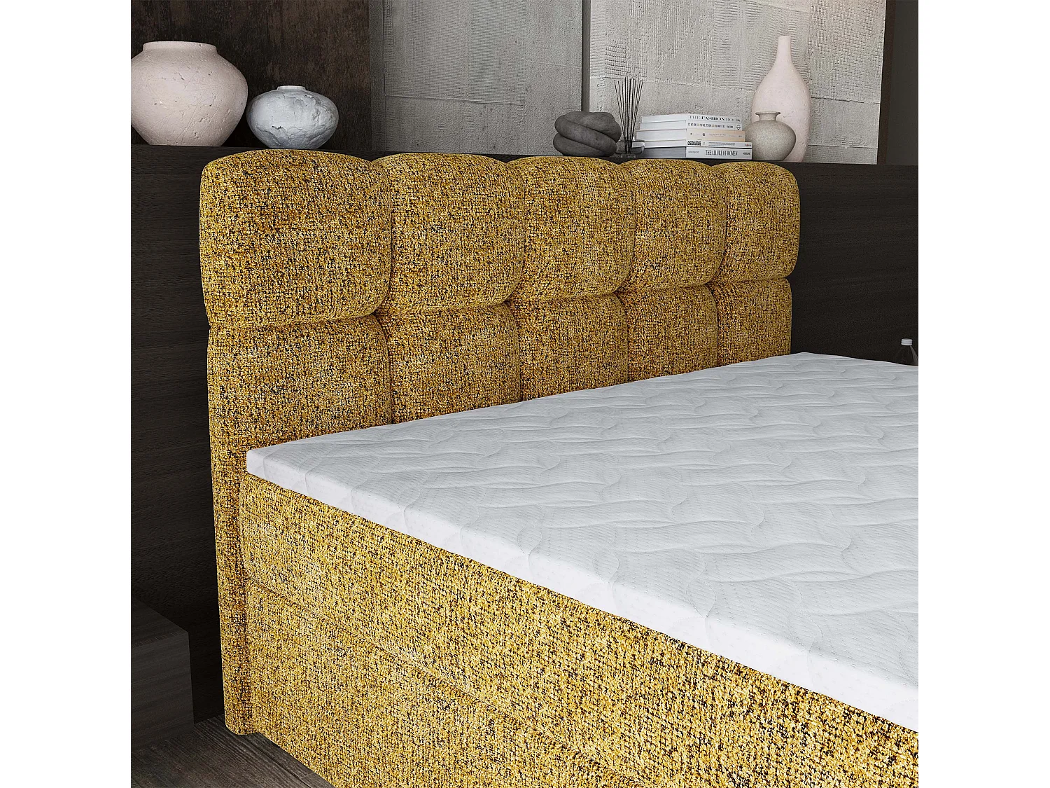 Lit boxspring BRUME 140x200 cm avec tête de lit, sommier et matelas, Moutarde