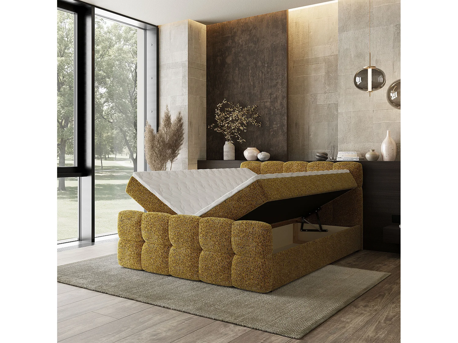 Lit boxspring BRUME 140x200 cm avec tête de lit, sommier et matelas, Moutarde