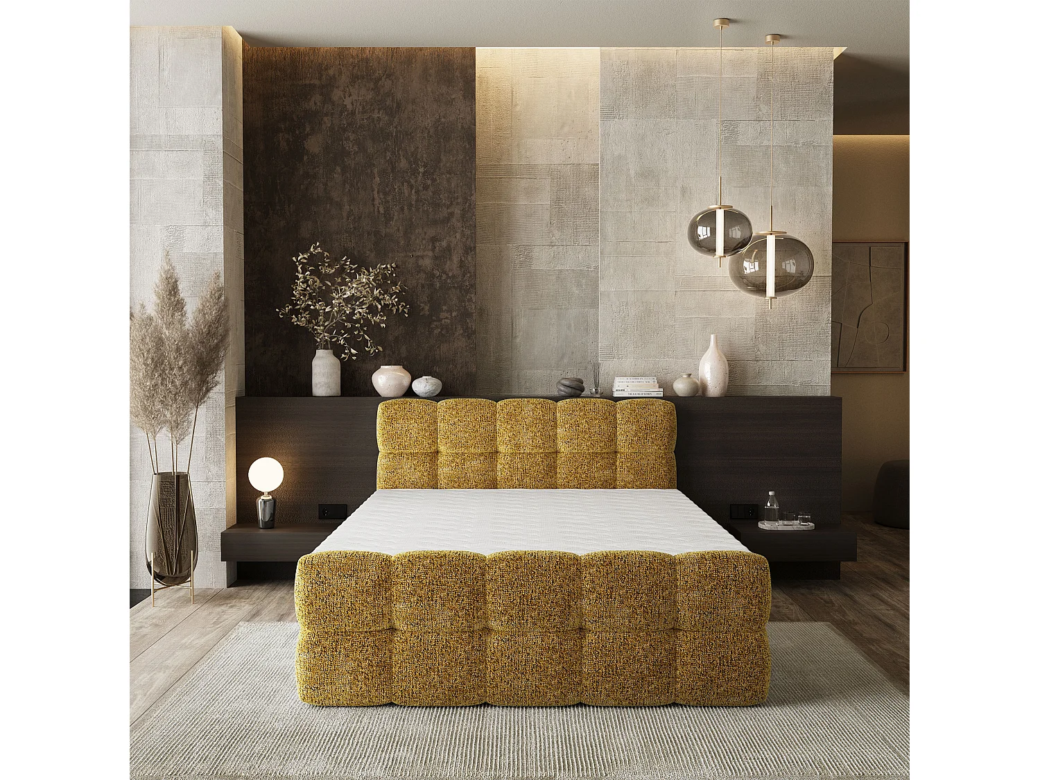 Lit boxspring BRUME 140x200 cm avec tête de lit, sommier et matelas, Moutarde