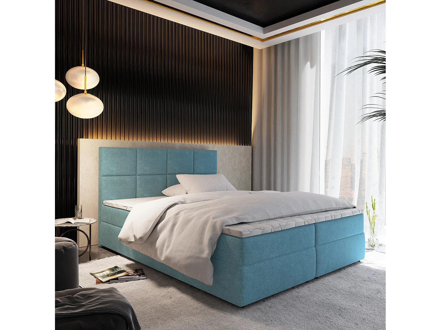 Boxspringbed LENA 200x200 cm Set met hoofdbord, bedbodem en matras, Lichtblauw