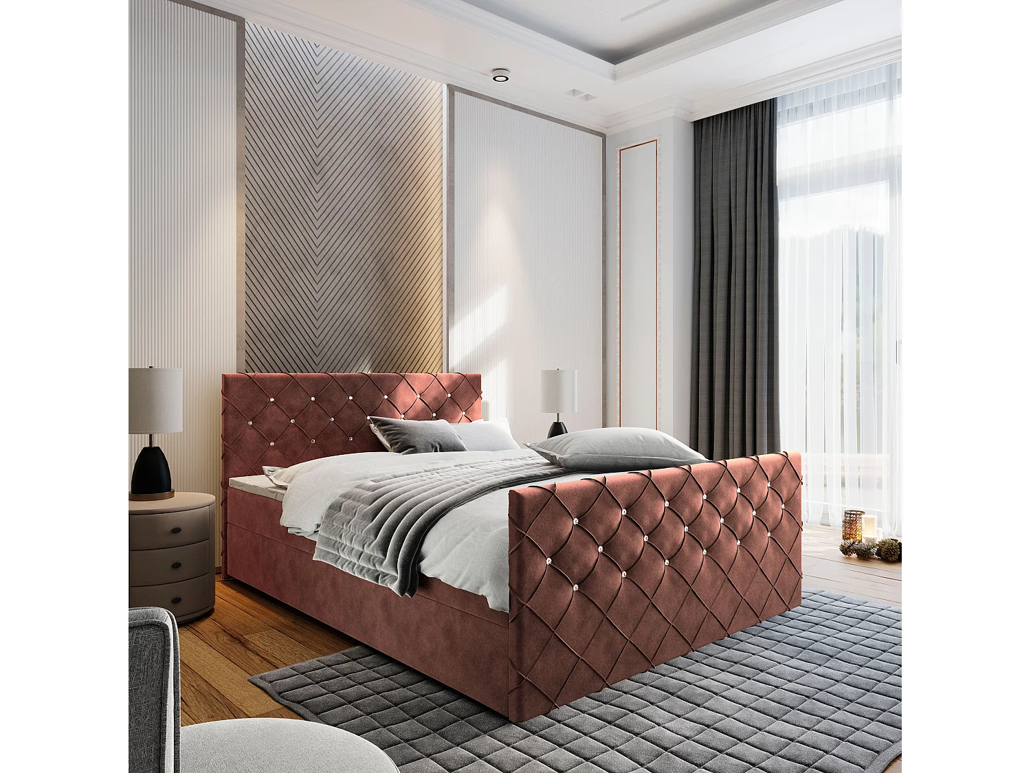 Lit boxspring MANDI 200x200 cm avec tête de lit, sommier et matelas, Rose