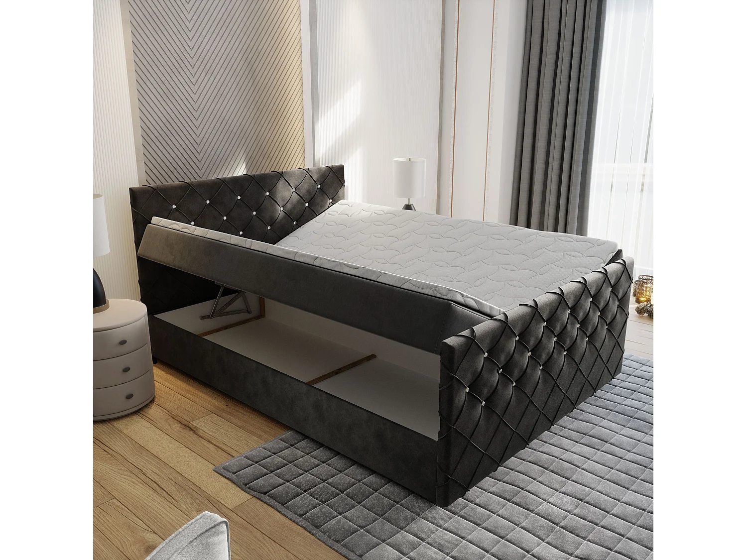Lit boxspring MANDI 200x200 cm avec tête de lit, sommier et matelas, Rose