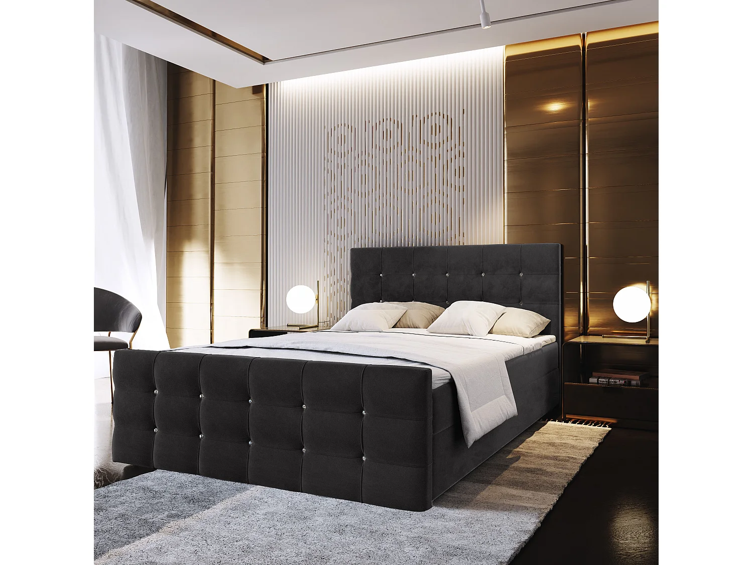 Lit boxspring SLAT 200x200 cm avec tête de lit, sommier et matelas, Noir