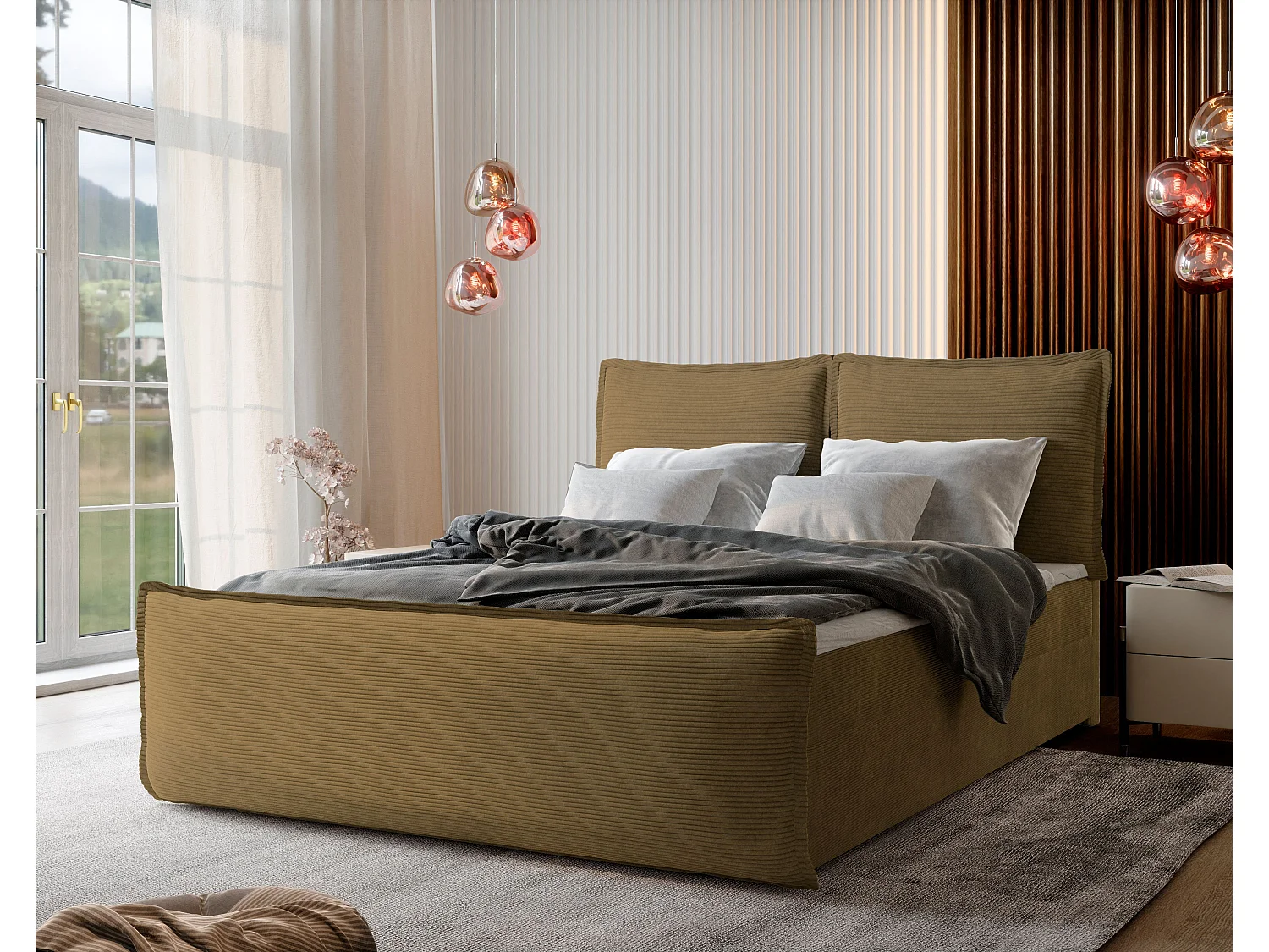 Lit boxspring MONTA 200x200 cm avec tête de lit, sommier et matelas, Jaune