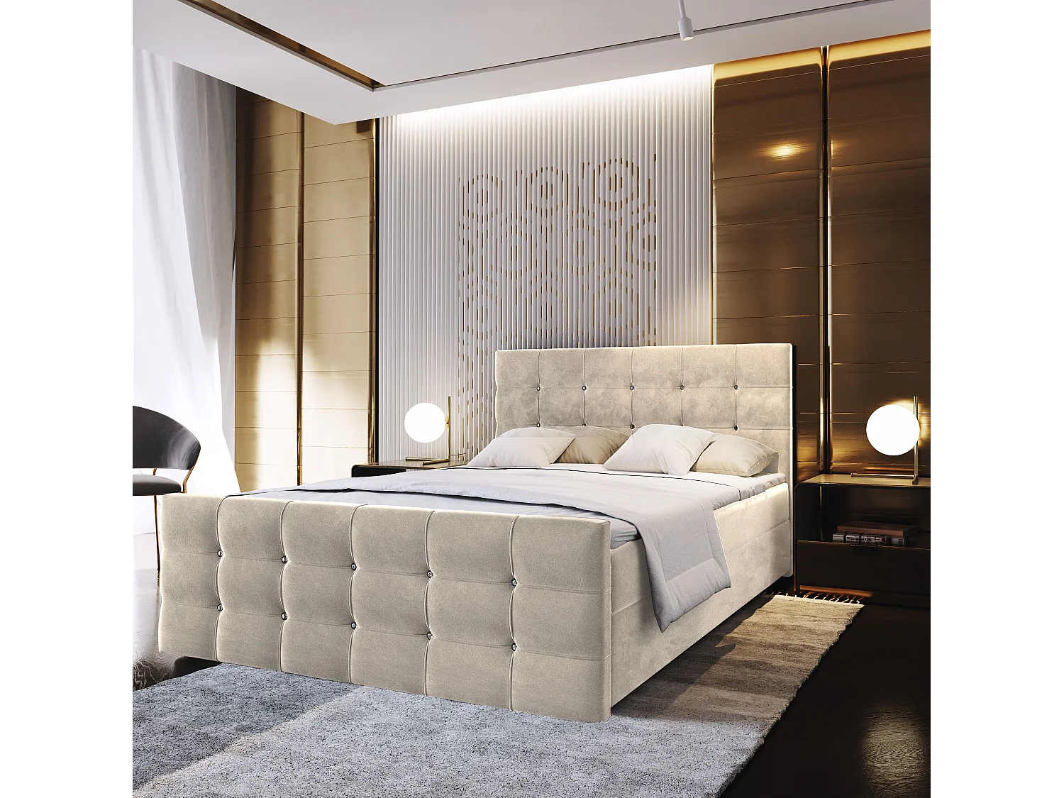 Lit boxspring SLAT 200x200 cm avec tête de lit, sommier et matelas, Beige