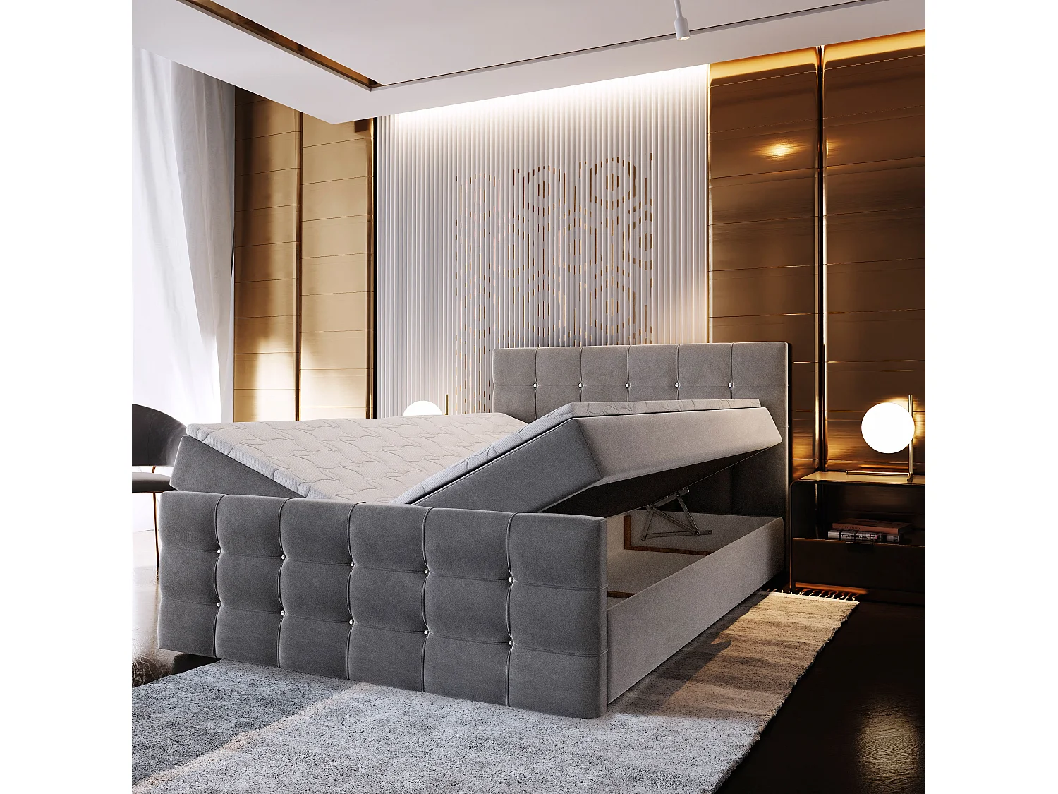 Lit boxspring SLAT 200x200 cm avec tête de lit, sommier et matelas, Beige