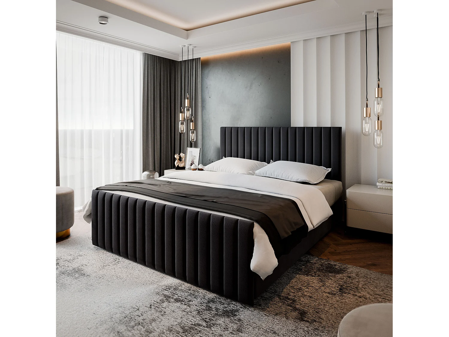 Lit boxspring ARION 200x200 cm avec tête de lit, sommier et matelas, Noir