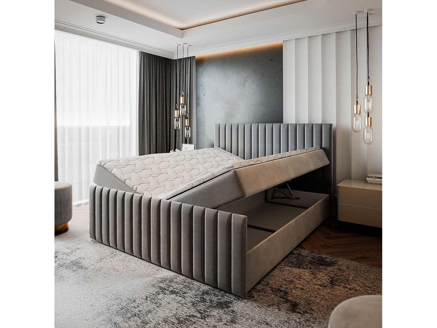 Lit boxspring ARION 200x200 cm avec tête de lit, sommier et matelas, Noir