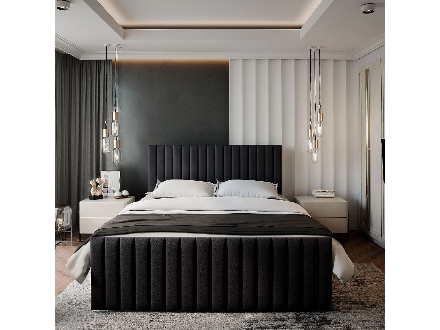 Lit boxspring ARION 200x200 cm avec tête de lit, sommier et matelas, Noir