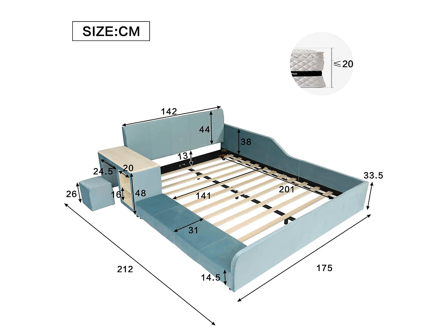 Lit enfant 140x200 cm, velours bleu, avec bureau, tabouret et rangement, sans matelas