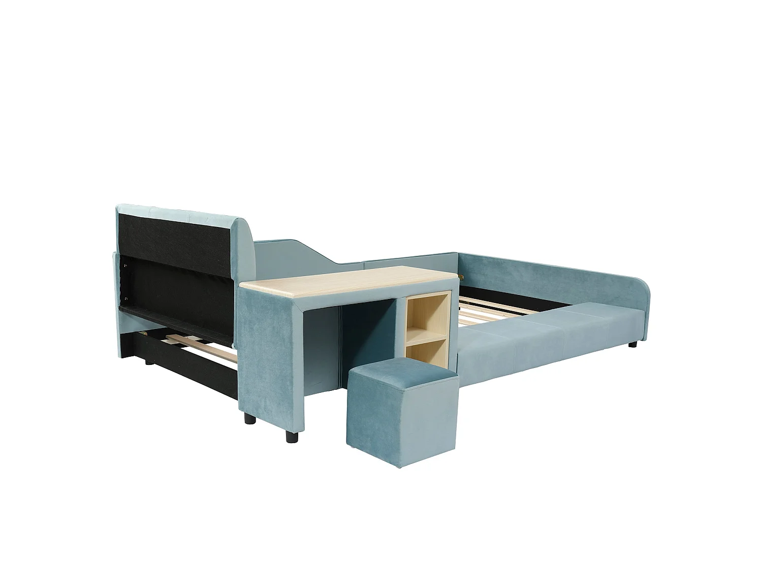 Lit enfant 140x200 cm, velours bleu, avec bureau, tabouret et rangement, sans matelas