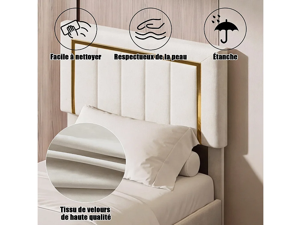 Lit rembourré 90×200 cm - Cadre lit simple avec stockage hydraulique - Lit plateforme doré avec tête à lames - Velvet - Beige