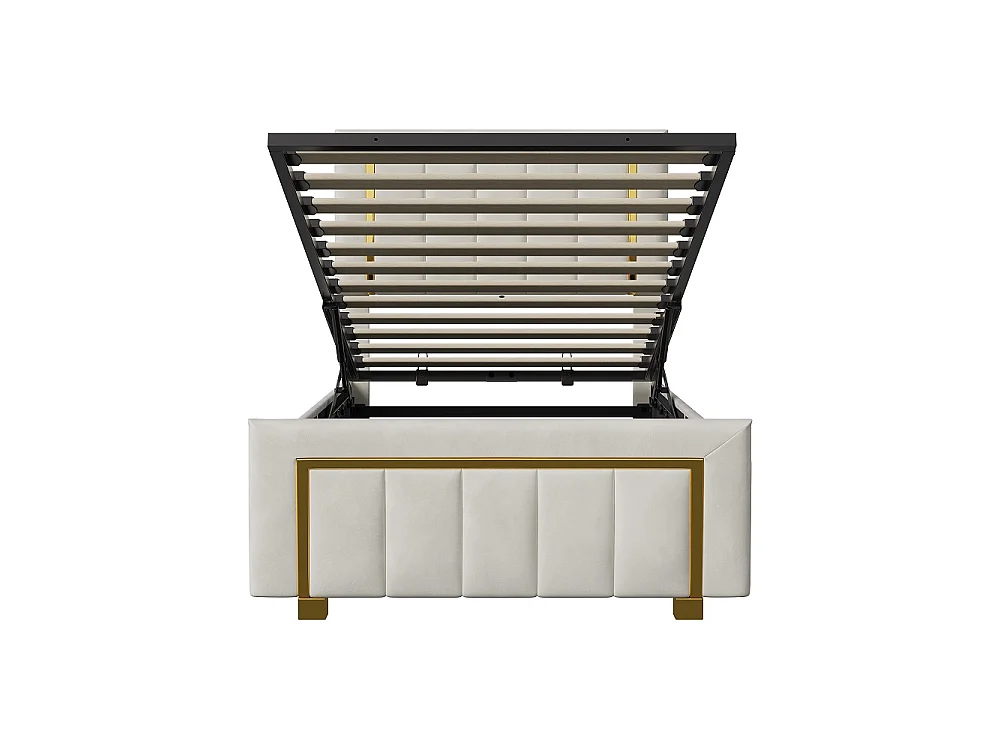 Lit rembourré 90×200 cm - Cadre lit simple avec stockage hydraulique - Lit plateforme doré avec tête à lames - Velvet - Beige