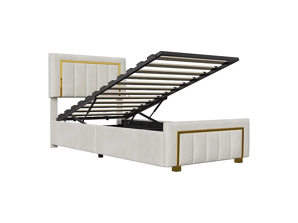 Lit rembourré 90×200 cm - Cadre lit simple avec stockage hydraulique - Lit plateforme doré avec tête à lames - Velvet - Beige
