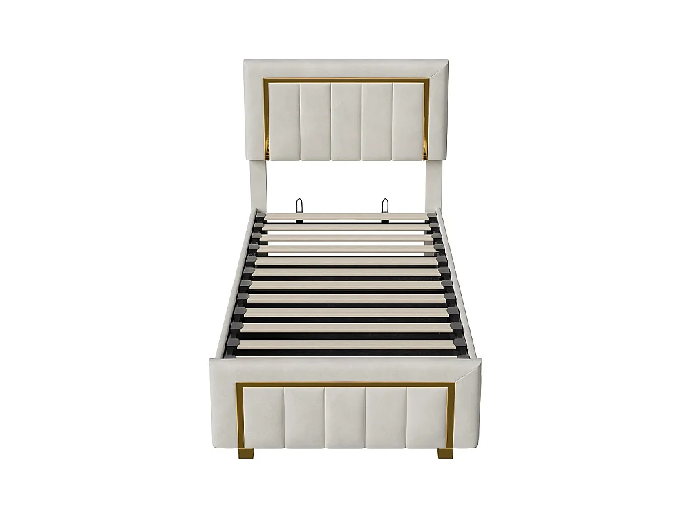 Lit rembourré 90×200 cm - Cadre lit simple avec stockage hydraulique - Lit plateforme doré avec tête à lames - Velvet - Beige