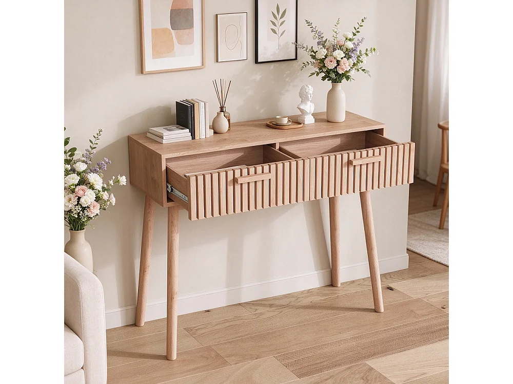 Table d'entrée 100 × 35 × 80 cm - Table de console en bois avec 2 tiroirs - Armoire de stockage en bois massif, bureau de console