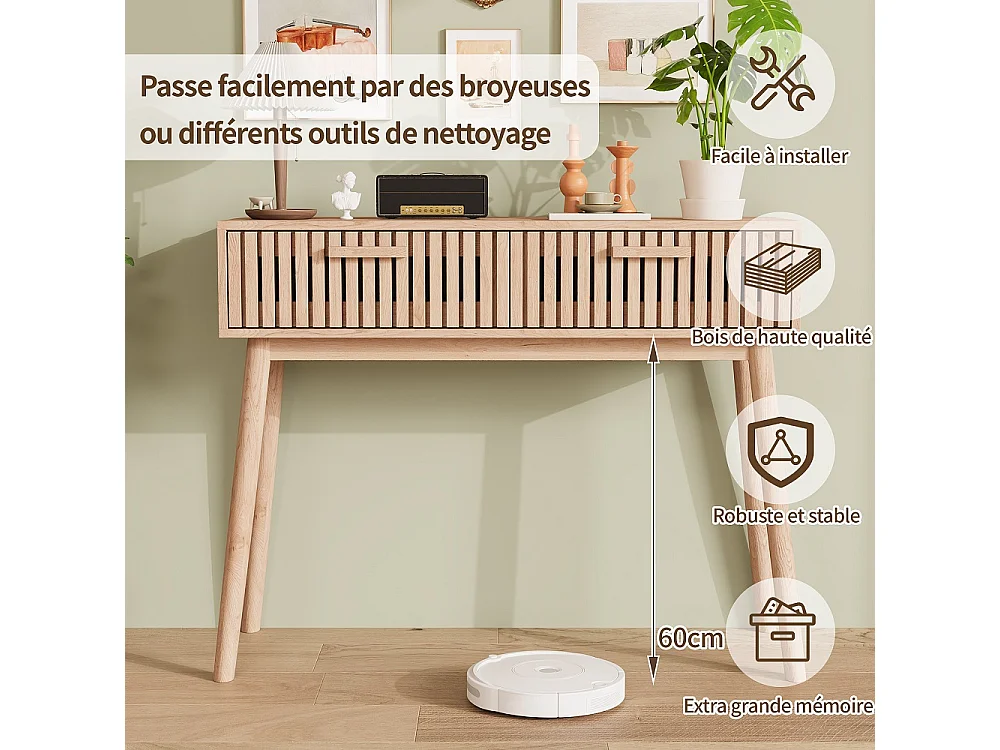 Table d'entrée 100 × 35 × 80 cm - Table de console en bois avec 2 tiroirs - Armoire de stockage en bois massif, bureau de console