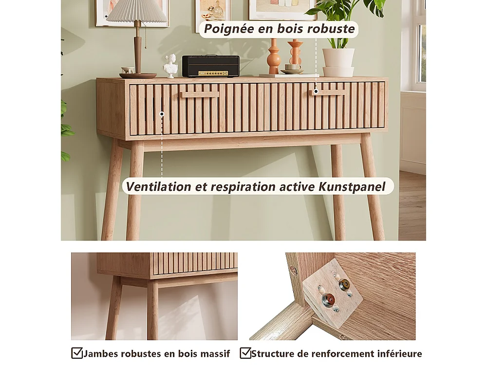 Table d'entrée 100 × 35 × 80 cm - Table de console en bois avec 2 tiroirs - Armoire de stockage en bois massif, bureau de console