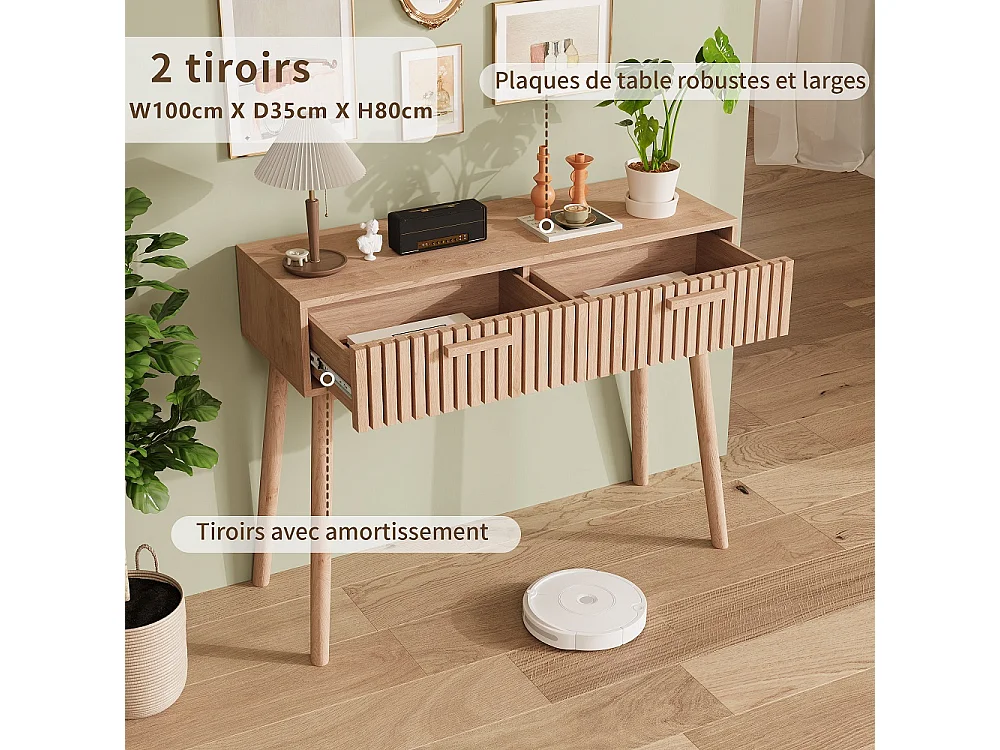 Table d'entrée 100 × 35 × 80 cm - Table de console en bois avec 2 tiroirs - Armoire de stockage en bois massif, bureau de console