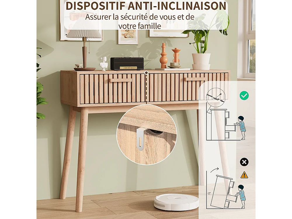 Table d'entrée 100 × 35 × 80 cm - Table de console en bois avec 2 tiroirs - Armoire de stockage en bois massif, bureau de console