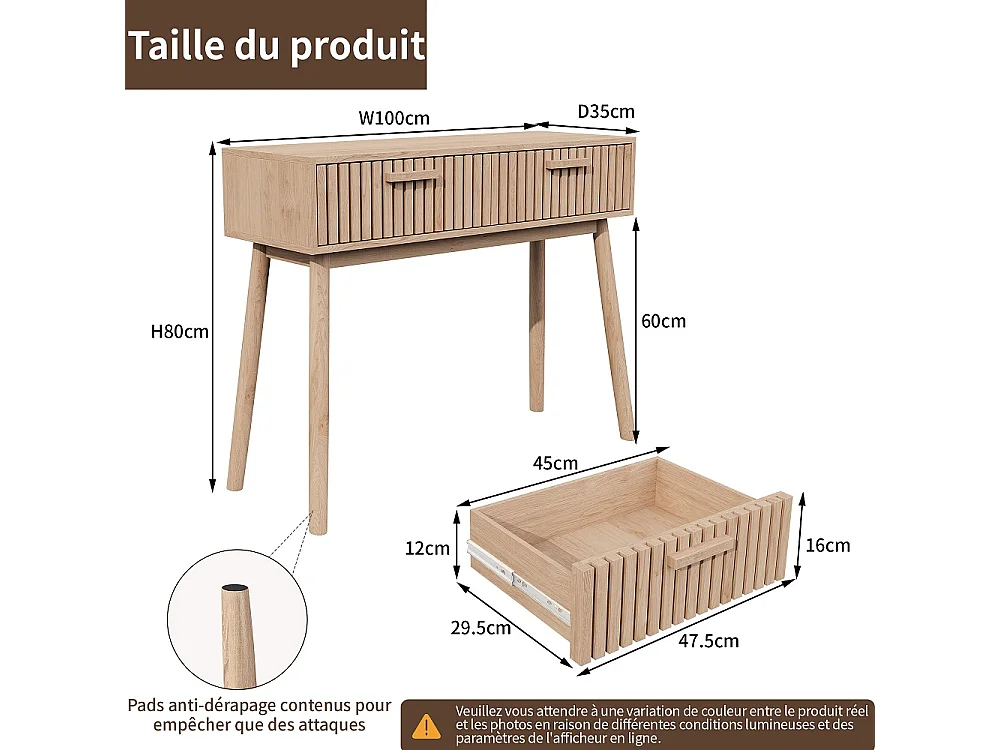 Table d'entrée 100 × 35 × 80 cm - Table de console en bois avec 2 tiroirs - Armoire de stockage en bois massif, bureau de console