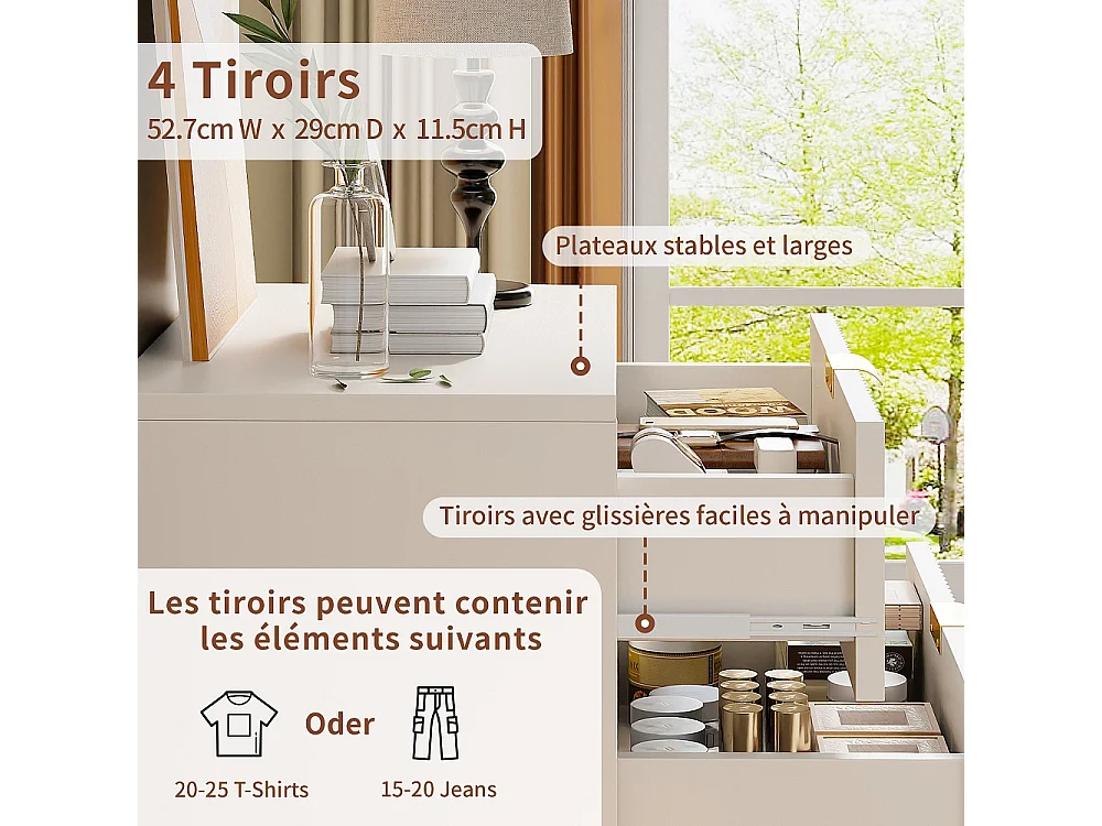 Commode 60×34×91cm - haute moderne avec 4 tiroirs - Blanc