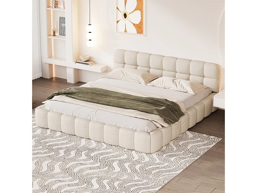 Lit double élégant 140x190 cm - Lit rembourré avec cadre à lames - Cadre de lit à bulle avec tête en treillis - Linge - Beige
