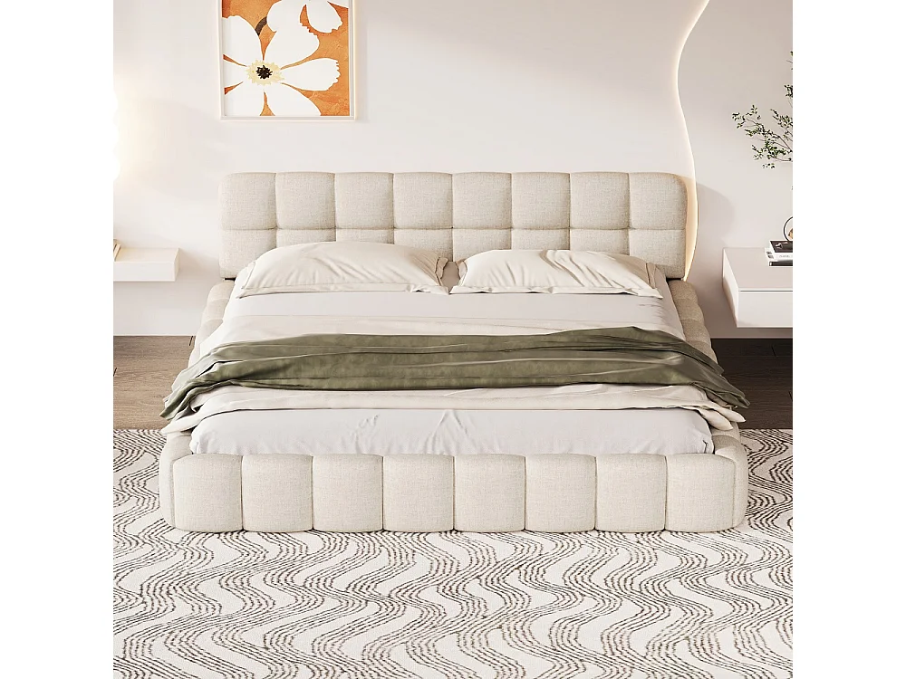 Lit double élégant 140x190 cm - Lit rembourré avec cadre à lames - Cadre de lit à bulle avec tête en treillis - Linge - Beige
