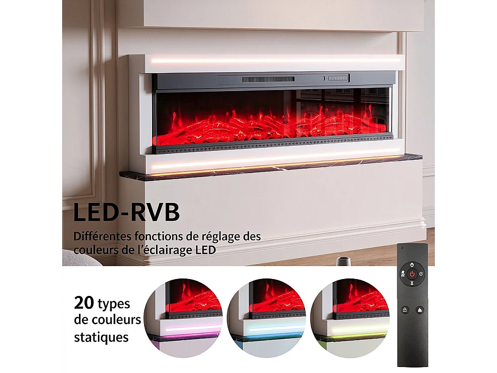 Cheminée électrique 152,5 × 17 × 51,3 cm - Cheminée embarquée en suspension avec puissance de chauffage double vitesse 750W / 1500W, effet de flamme 12 couleurs