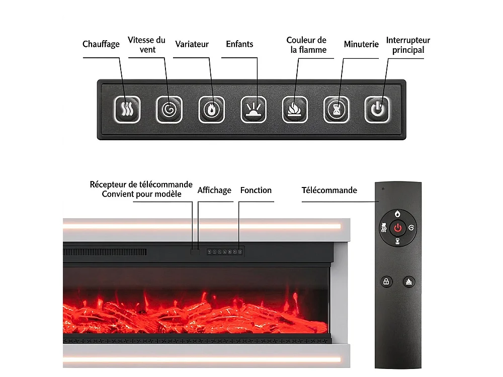 Cheminée électrique 152,5 × 17 × 51,3 cm - Cheminée embarquée en suspension avec puissance de chauffage double vitesse 750W / 1500W, effet de flamme 12 couleurs