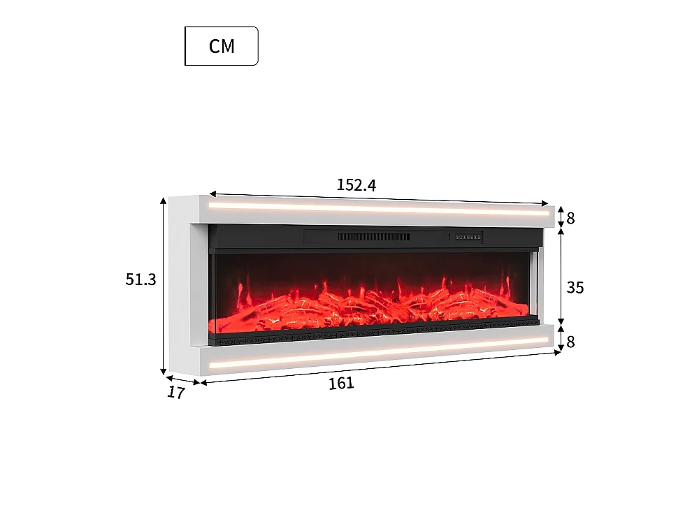 Cheminée électrique 152,5 × 17 × 51,3 cm - Cheminée embarquée en suspension avec puissance de chauffage double vitesse 750W / 1500W, effet de flamme 12 couleurs