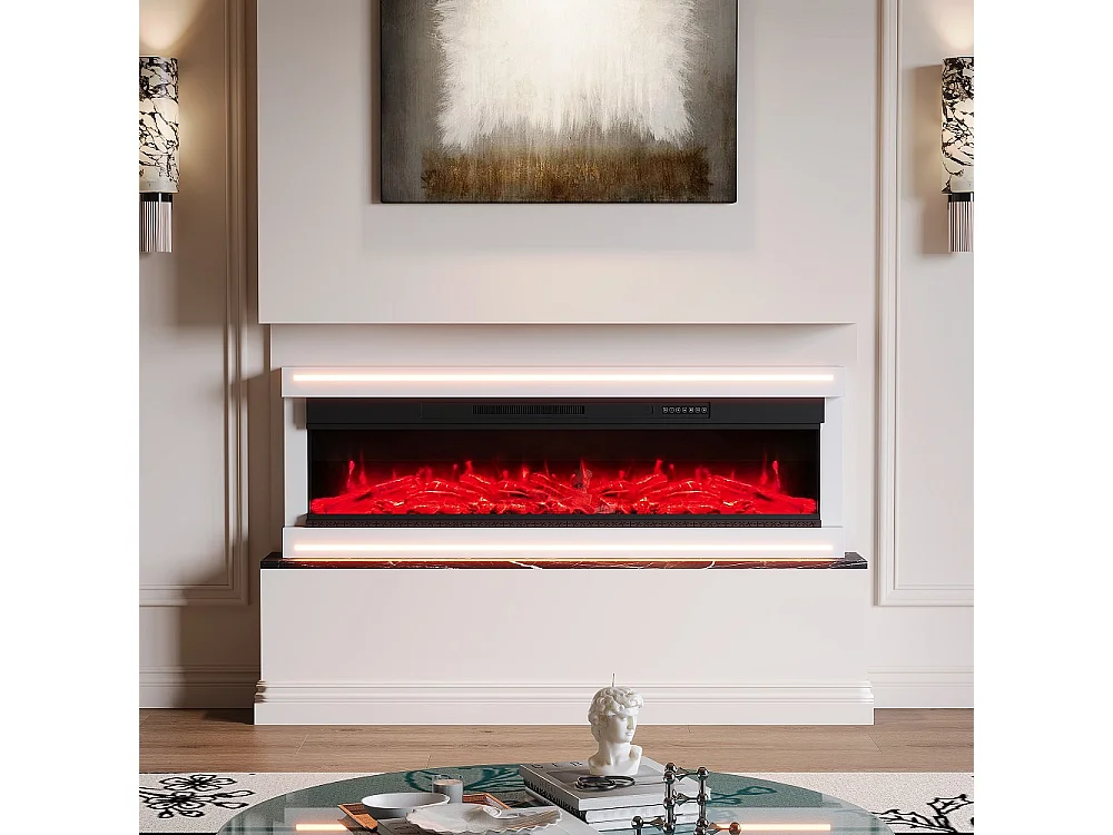 Cheminée électrique 152,5 × 17 × 51,3 cm - Cheminée embarquée en suspension avec puissance de chauffage double vitesse 750W / 1500W, effet de flamme 12 couleurs