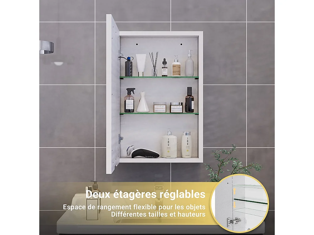 Cabinet de miroir de salle de bain 50x12.5x70 cm - Cabinet de salle de bain à porte simple avec miroir anti-brouillard HD et espace de stockage