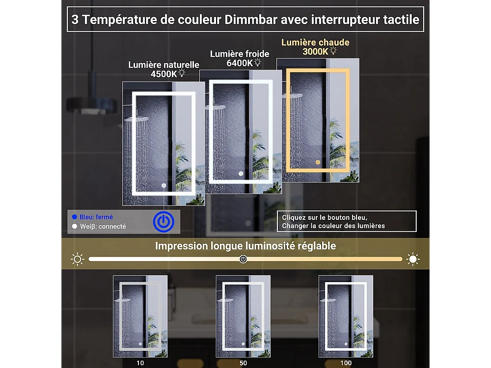 Cabinet de miroir de salle de bain 50x12.5x70 cm - Cabinet de salle de bain à porte simple avec miroir anti-brouillard HD et espace de stockage