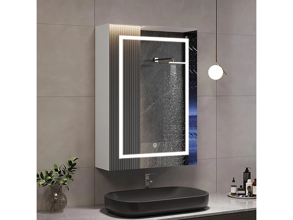 Cabinet de miroir de salle de bain 50x12.5x70 cm - Cabinet de salle de bain à porte simple avec miroir anti-brouillard HD et espace de stockage
