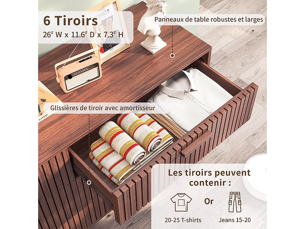 Commode à 6 tiroirs à lames 100 × 34 × 73 cm - Commode en bois - Armoire de rangement moderne - pour la chambre/Salon - Noix foncée