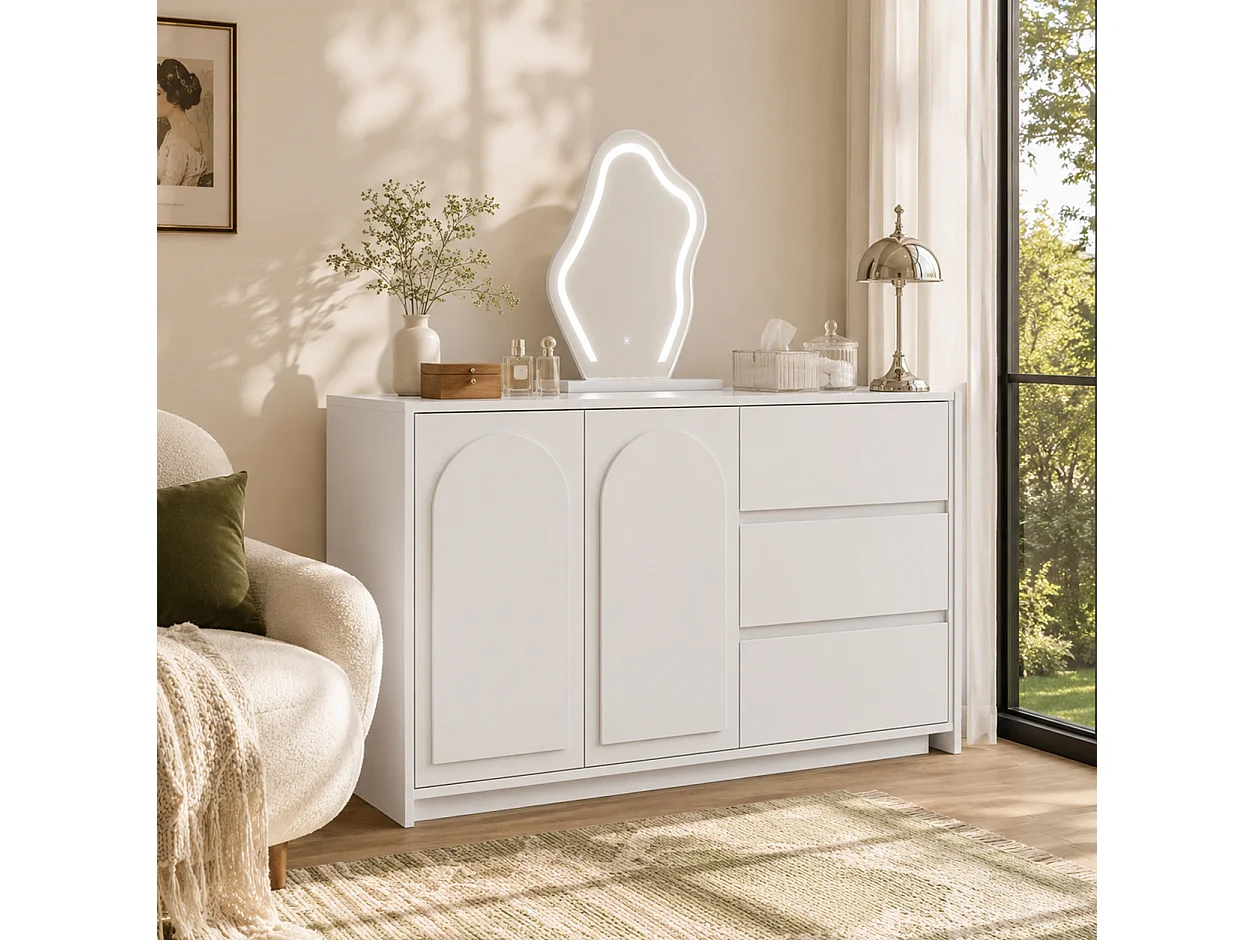 Coiffeuse avec Miroir LED 140x75cm en Blanc - Table de Maquillage Moderne avec Plateau Extensible, 3 Tiroirs & 3 Couleurs d'Éclairage, Style Scandinave - Blanc