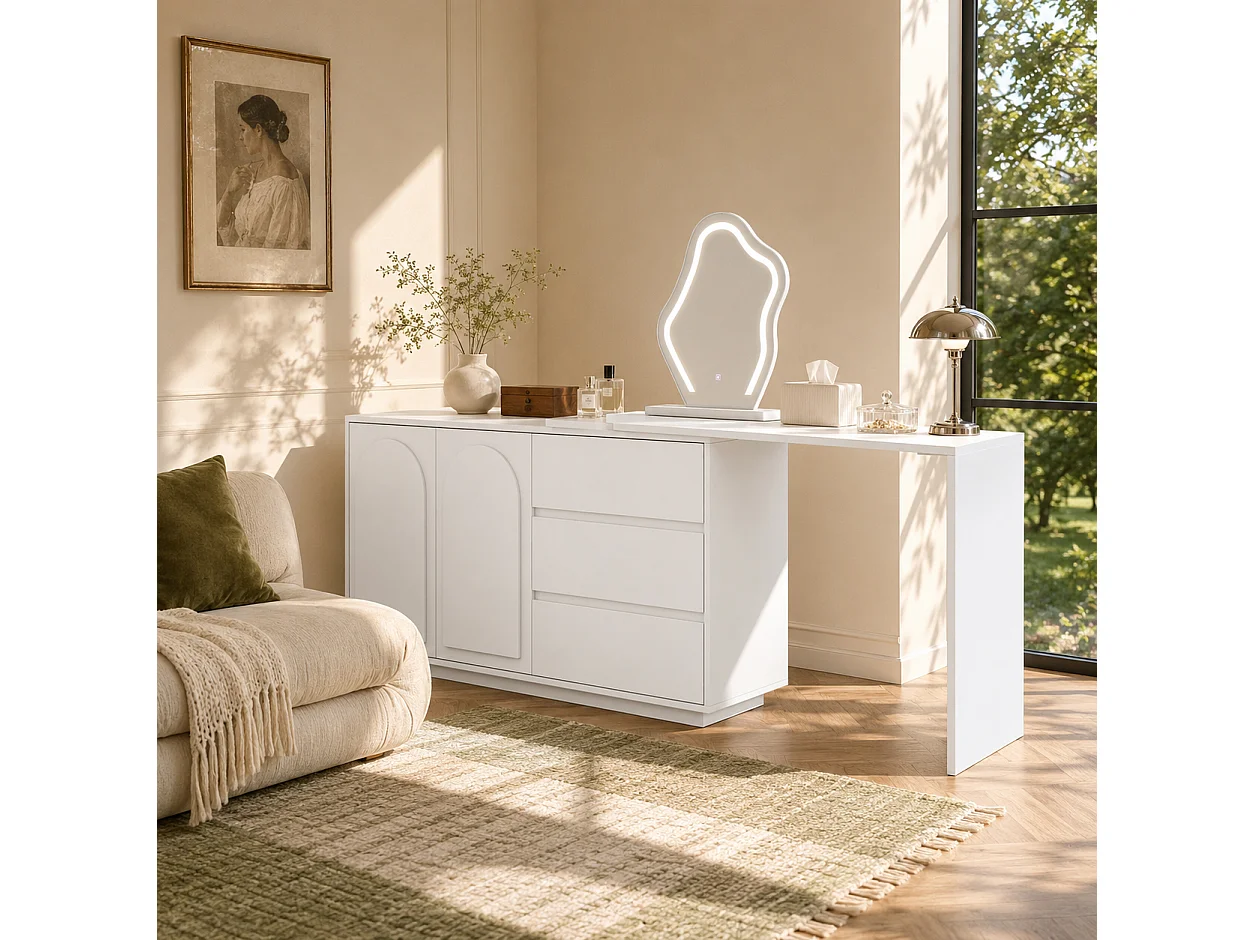 Coiffeuse avec Miroir LED 140x75cm en Blanc - Table de Maquillage Moderne avec Plateau Extensible, 3 Tiroirs & 3 Couleurs d'Éclairage, Style Scandinave - Blanc