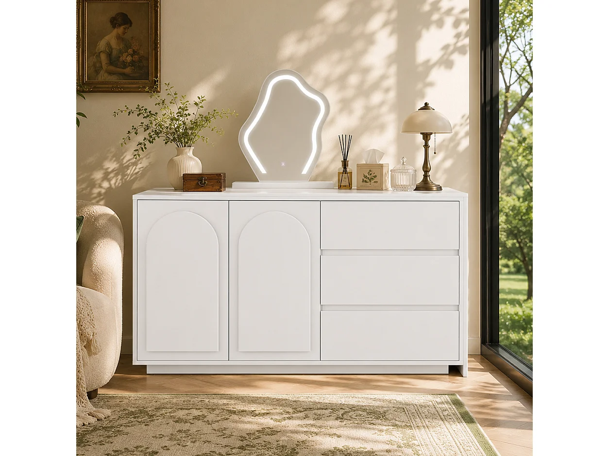 Coiffeuse avec Miroir LED 140x75cm en Blanc - Table de Maquillage Moderne avec Plateau Extensible, 3 Tiroirs & 3 Couleurs d'Éclairage, Style Scandinave - Blanc