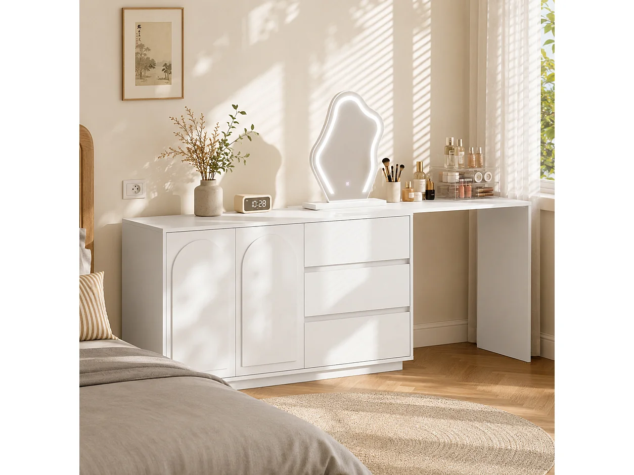 Coiffeuse avec Miroir LED 140x75cm en Blanc - Table de Maquillage Moderne avec Plateau Extensible, 3 Tiroirs & 3 Couleurs d'Éclairage, Style Scandinave - Blanc